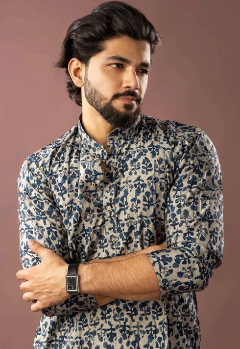 Blue Modal Silk Mens Kurta With Payjama - Side View | Samyak Fashion