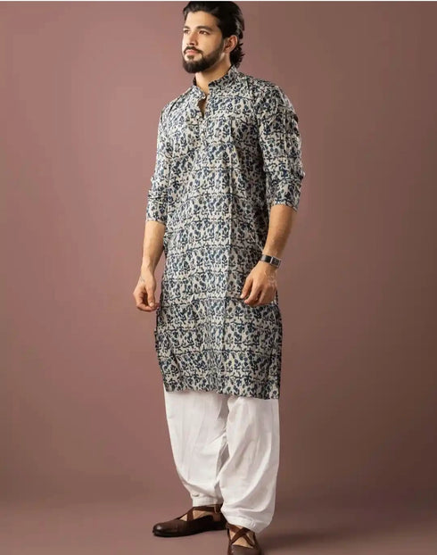 Blue Modal Silk Mens Kurta With Payjama - Detail View | Samyak Fashion