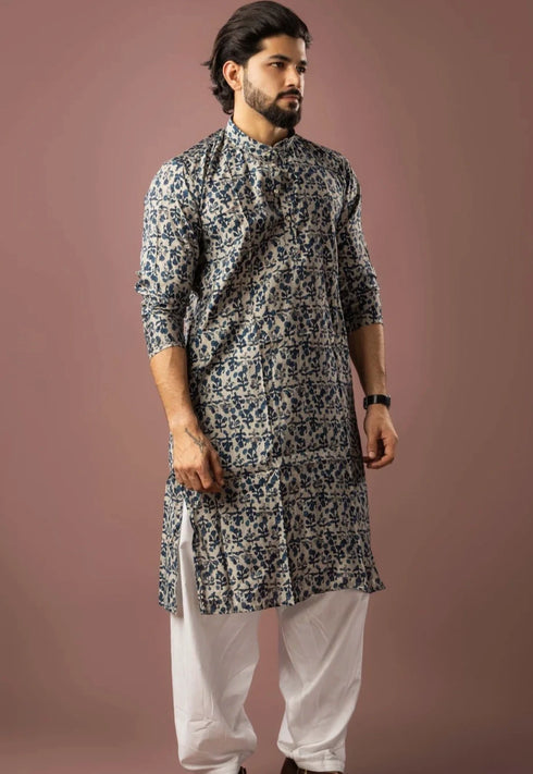 Blue Modal Silk Mens Kurta With Payjama - Close-up View | Samyak Fashion