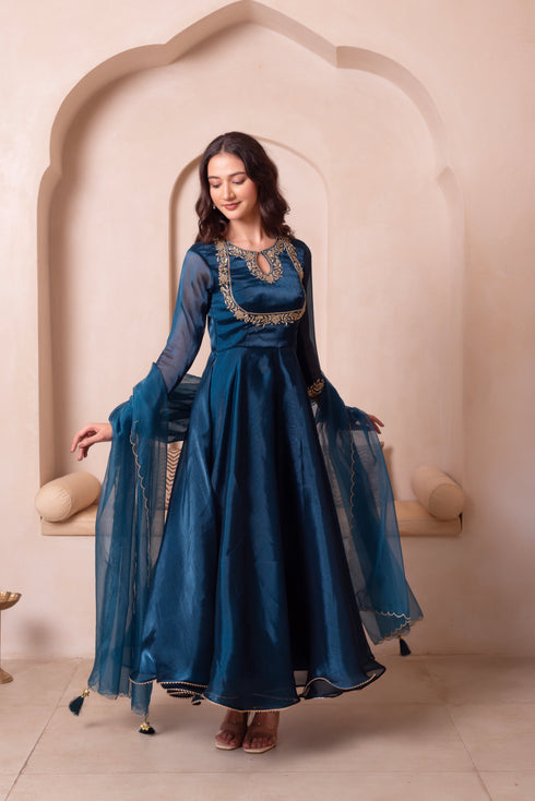 Blue Organza Salwar Suit - Back View | Samyak Fashion