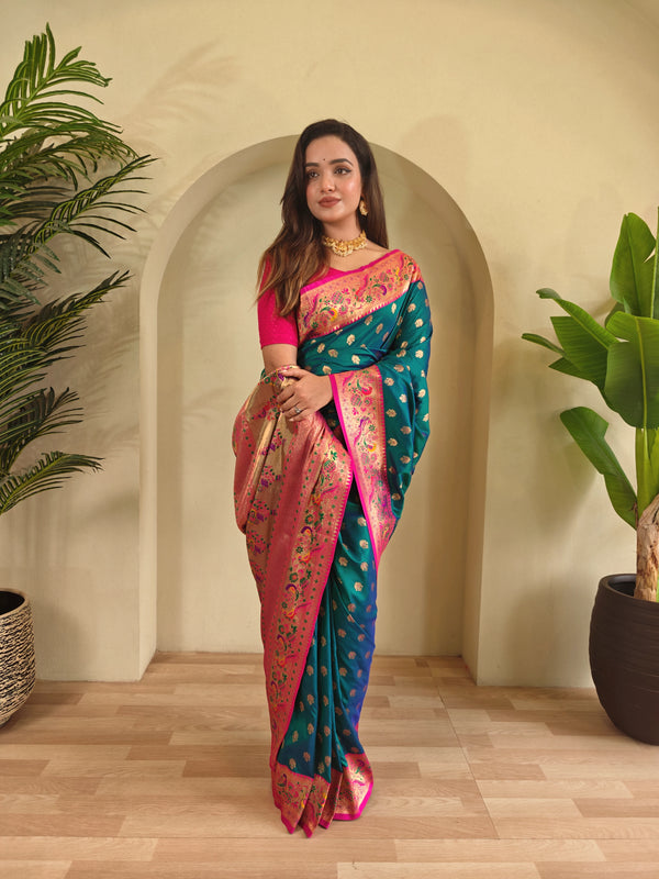 Blue Paithani Silk Party Wear Saree With Blouse - Front View | Samyak Fashion