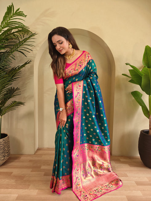 Blue Paithani Silk Party Wear Saree With Blouse - Back View | Samyak Fashion