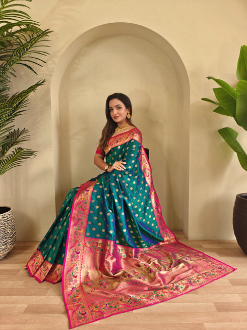 Blue Paithani Silk Party Wear Saree With Blouse - Side View | Samyak Fashion