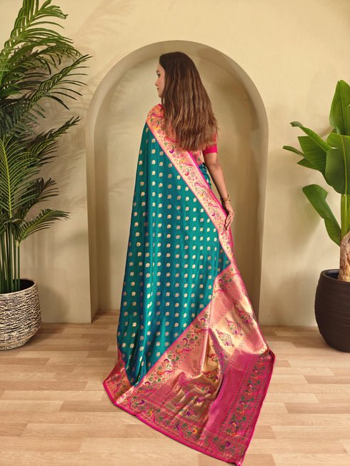 Blue Paithani Silk Party Wear Saree With Blouse - Detail View | Samyak Fashion