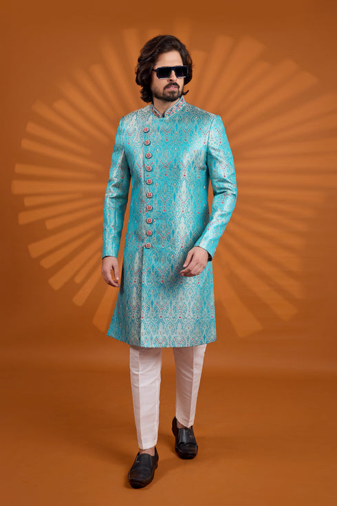 Blue Pure Banarasi Jacqurd Fabric Mens Premium Men's Sherwani - Back View | Samyak Fashion
