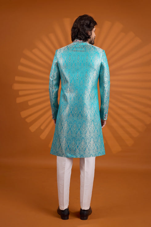Blue Pure Banarasi Jacqurd Fabric Mens Premium Men's Sherwani - Side View | Samyak Fashion
