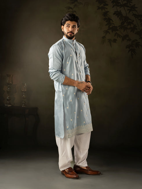 Blue Rayon Mens Kurta With Payjama - Close-up View | Samyak Fashion