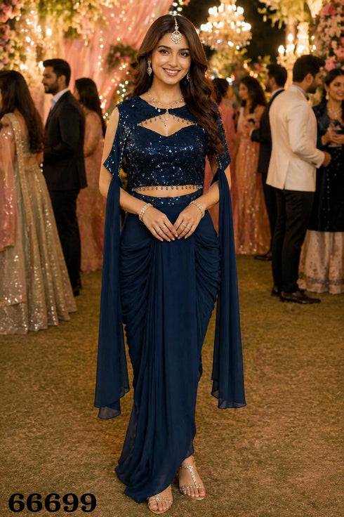 Blue Real Premium Lycra Elegant Party Wear Ready To Wear Saree Collection With Blouse - Back View | Samyak Fashion