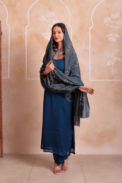 Blue Satin Salwar Suit - Side View | Samyak Fashion