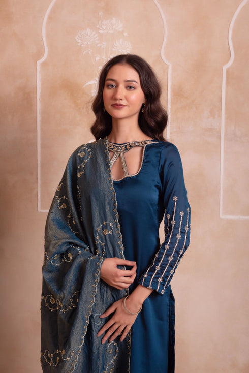 Blue Satin Salwar Suit - Close-up View | Samyak Fashion