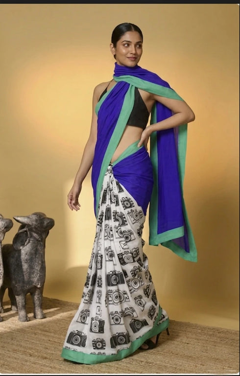 Blue Satin Saree With Blouse - Detail View | Samyak Fashion