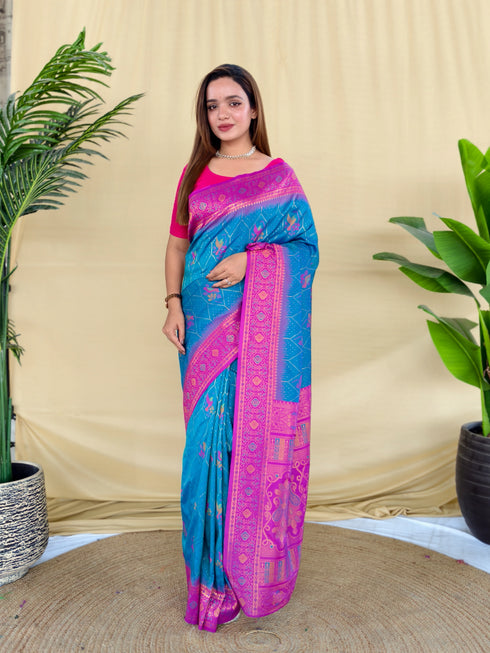 Blue Silk Elegant Party Wear Saree Collection With Blouse - Front View | Samyak Fashion