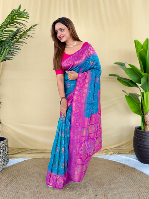 Blue Silk Elegant Party Wear Saree Collection With Blouse - Back View | Samyak Fashion