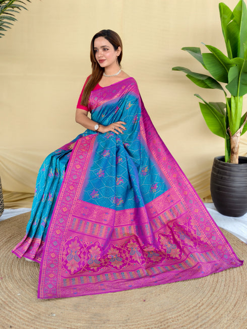 Blue Silk Elegant Party Wear Saree Collection With Blouse - Side View | Samyak Fashion