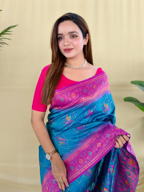 Blue Silk Elegant Party Wear Saree Collection With Blouse - Close-up View | Samyak Fashion