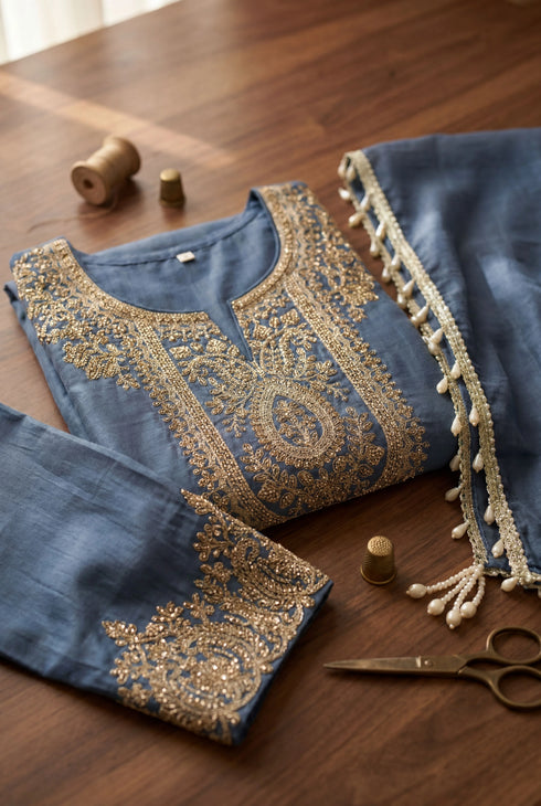 Blue Simmer Tissue Salwar Suits - Detail View | Samyak Fashion