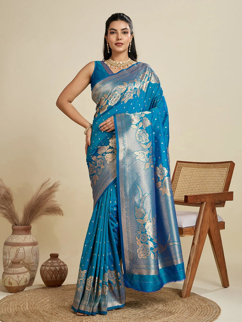 Blue Soft Kanjivaram Silk Traditional Function Wear Soft Kanjivaram Silk Saree Collection With Blouse - Front View | Samyak Fashion