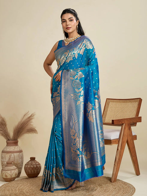 Blue Soft Kanjivaram Silk Traditional Function Wear Soft Kanjivaram Silk Saree Collection With Blouse - Back View | Samyak Fashion