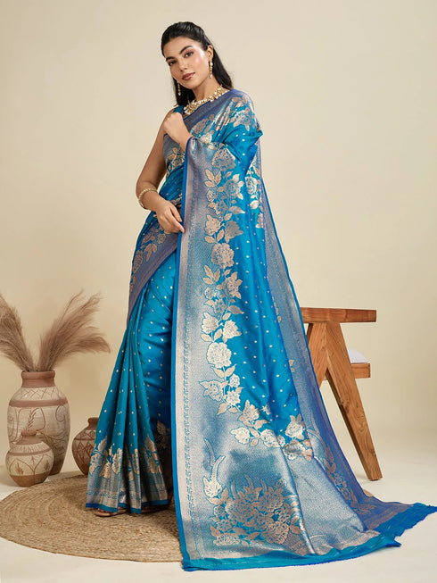 Blue Soft Kanjivaram Silk Traditional Function Wear Soft Kanjivaram Silk Saree Collection With Blouse - Side View | Samyak Fashion