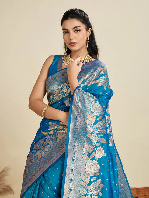 Blue Soft Kanjivaram Silk Traditional Function Wear Soft Kanjivaram Silk Saree Collection With Blouse - Close-up View | Samyak Fashion