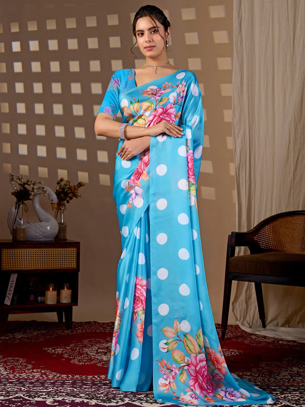 Blue Soft Satin Georgette Saree With Blouse - Front View | Samyak Fashion