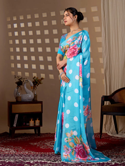 Blue Soft Satin Georgette Saree With Blouse - Side View | Samyak Fashion