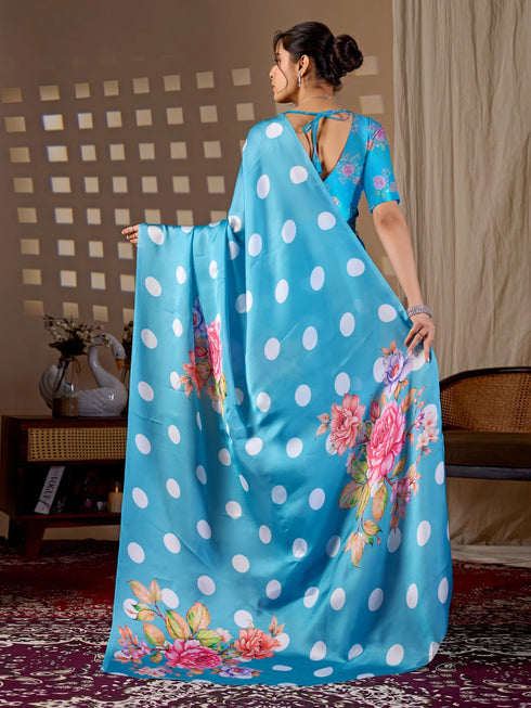 Blue Soft Satin Georgette Saree With Blouse - Close-up View | Samyak Fashion