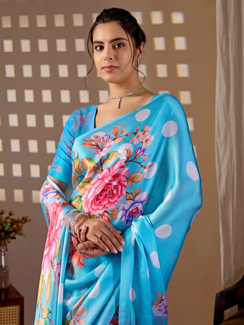 Blue Soft Satin Georgette Saree With Blouse - Full View | Samyak Fashion