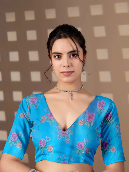 Blue Soft Satin Georgette Saree With Blouse - Styled View | Samyak Fashion