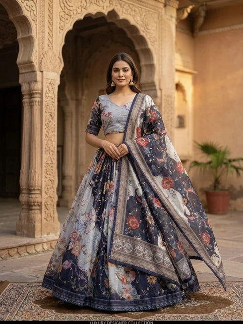 Blue Tabby Silk Lehenga Choli - Front View | Samyak Fashion
