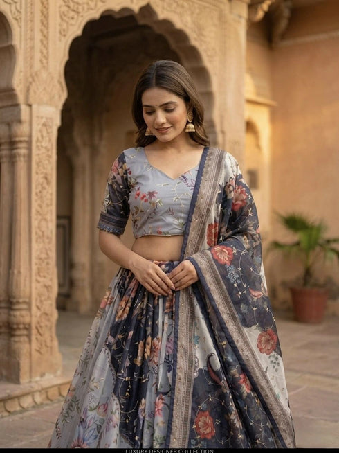 Blue Tabby Silk Lehenga Choli - Side View | Samyak Fashion