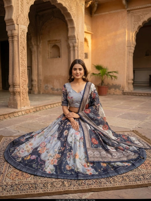 Blue Tabby Silk Lehenga Choli - Detail View | Samyak Fashion