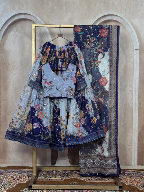 Blue Tabby Silk Lehenga Choli - Close-up View | Samyak Fashion