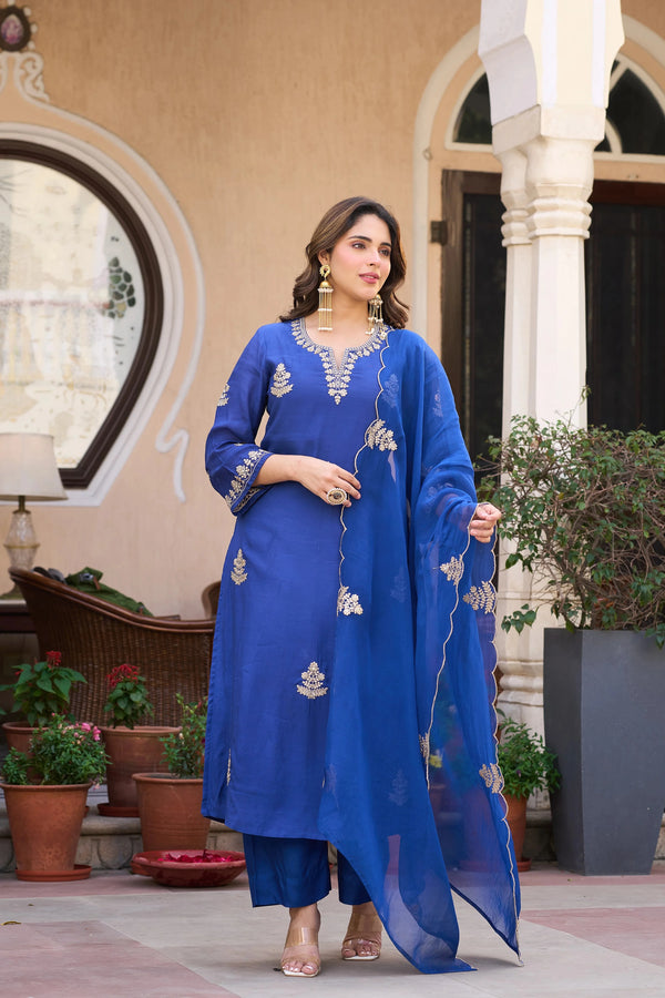 Blue Viscose Chanderi Salwar Suits - Front View | Samyak Fashion
