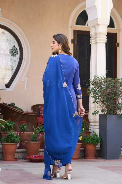 Blue Viscose Chanderi Salwar Suits - Back View | Samyak Fashion