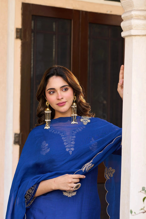 Blue Viscose Chanderi Salwar Suits - Side View | Samyak Fashion