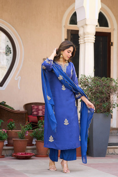 Blue Viscose Chanderi Salwar Suits - Detail View | Samyak Fashion