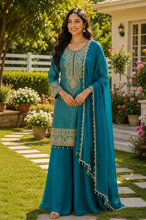 Blue Viscose Jacquard Silk Salwar Suit - Front View | Samyak Fashion