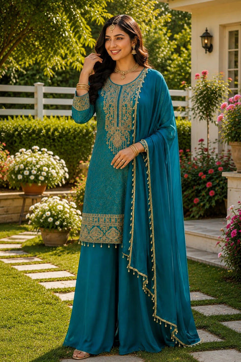 Blue Viscose Jacquard Silk Salwar Suit - Back View | Samyak Fashion