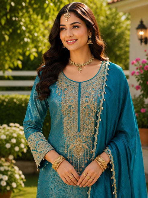 Blue Viscose Jacquard Silk Salwar Suit - Side View | Samyak Fashion