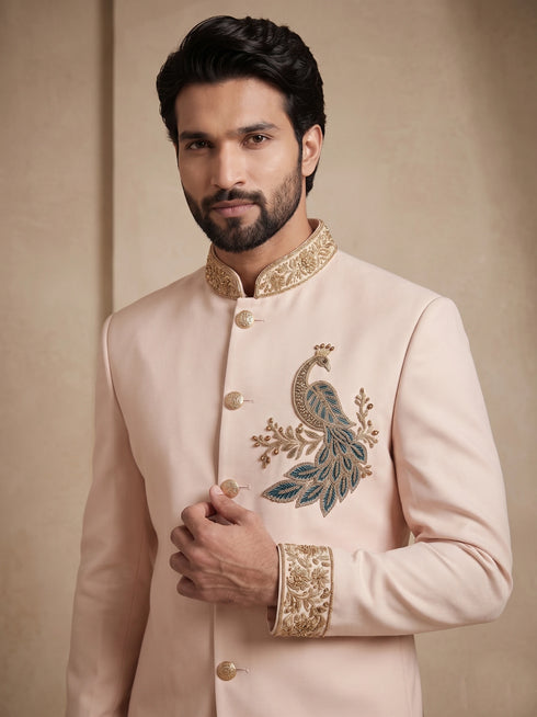 Blush Pink Doniar Satin Mens Men's Jodhpuri - Close-up View | Samyak Fashion