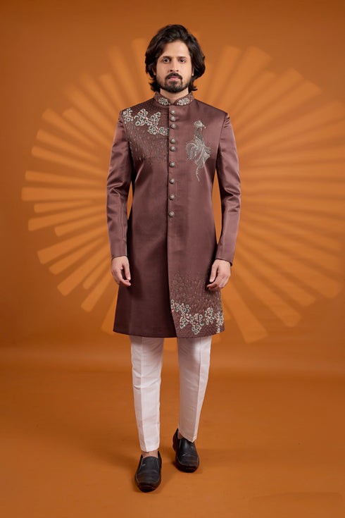 Brown Art Silk Mens Premium Men's Sherwani - Front View | Samyak Fashion