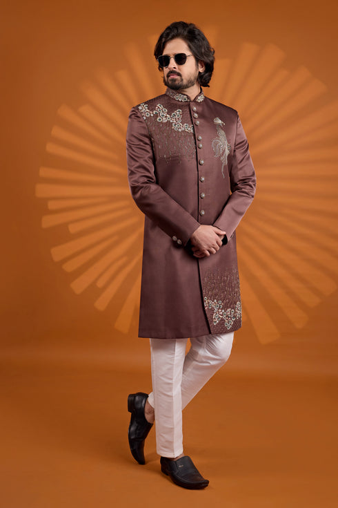 Brown Art Silk Mens Premium Men's Sherwani - Back View | Samyak Fashion
