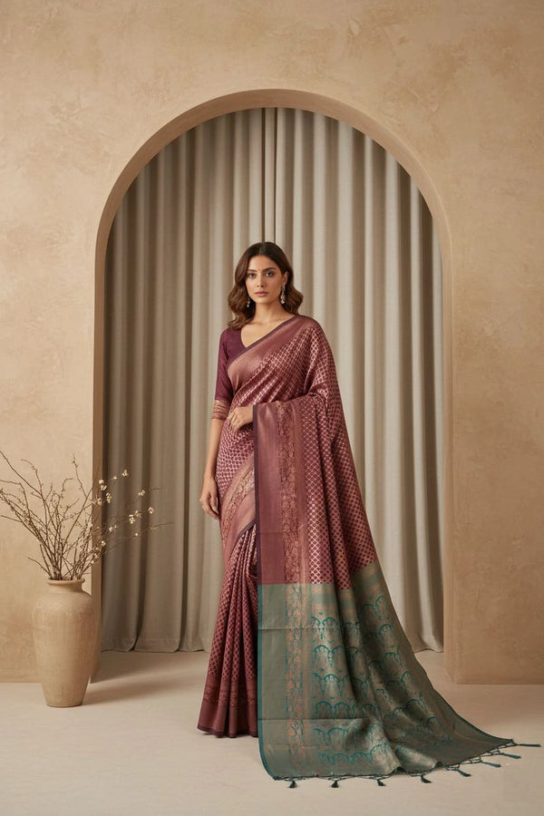 Brown Art Silk Saree With Blouse - Front View | Samyak Fashion