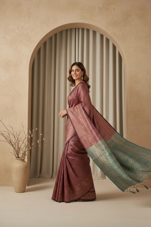 Brown Art Silk Saree With Blouse - Detail View | Samyak Fashion