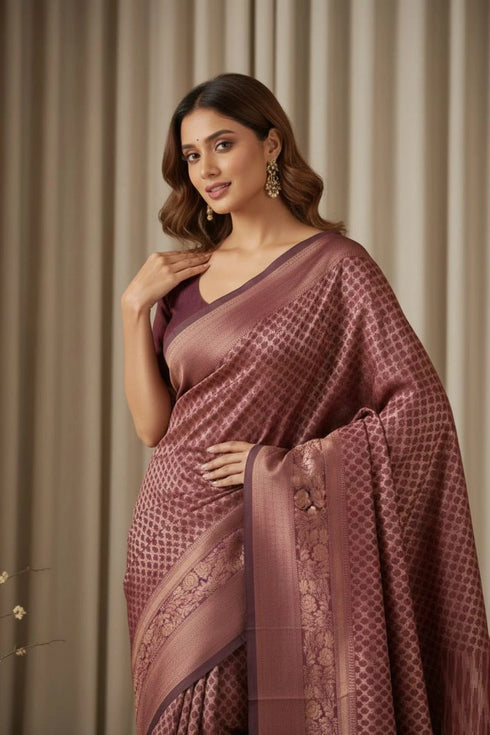 Brown Art Silk Saree With Blouse - Close-up View | Samyak Fashion