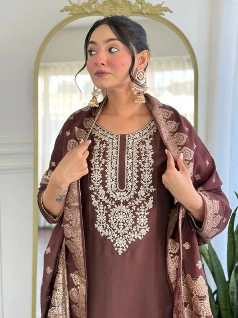Brown Cotton Blend Salwar Suit - Close-up View | Samyak Fashion