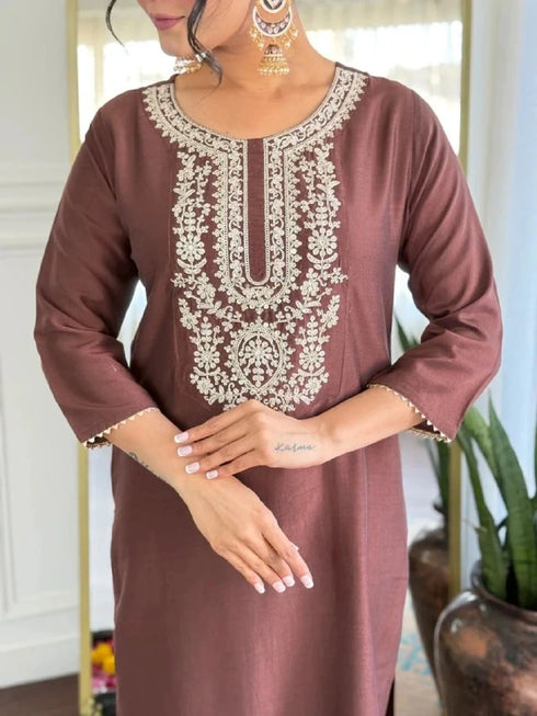 Brown Cotton Blend Salwar Suit - Full View | Samyak Fashion