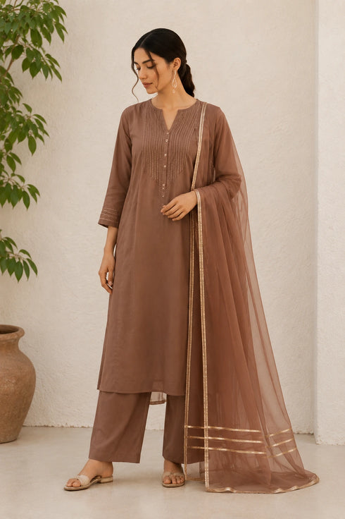 Brown Cotton Salwar Suit - Front View | Samyak Fashion