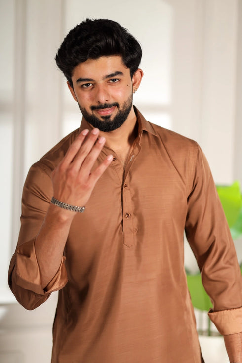 Brown Cotton Satin Mens Pathani Kurta With Payjama - Side View | Samyak Fashion